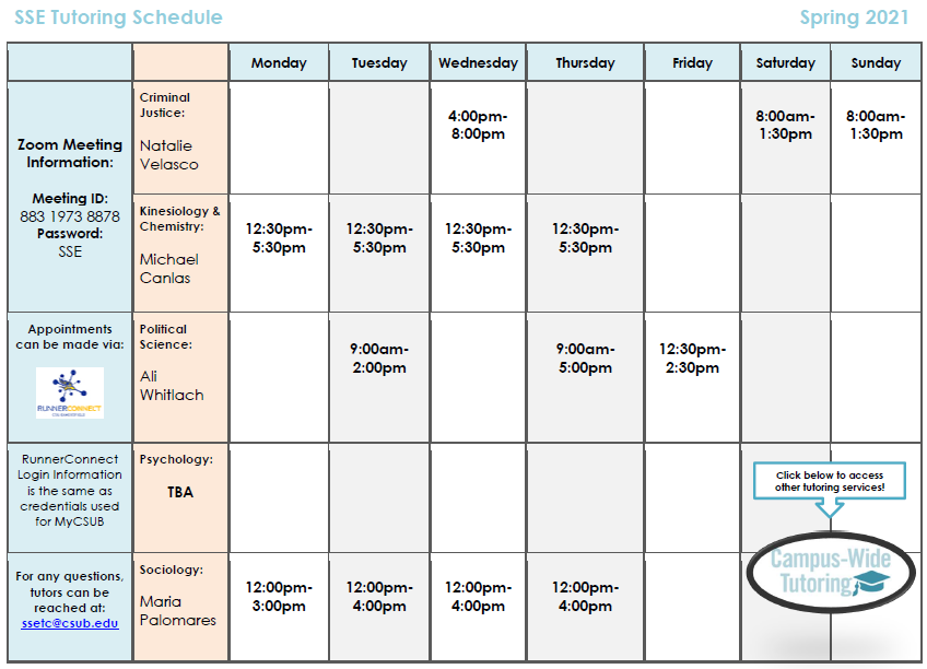 CSUBCJ's tweet photo. SSE Tutoring Schedule for Spring 2021 is LIVE! The Criminal Justice tutor is graduate student and @KegleyEthics Student Fellow, Natalie Velasco: nvelasco3@csub.edu. Set an appointment TODAY! https://t.co/1BDKrISBBe #CSUB #CSUBCJ #Spring2021 #Tutoring #AllRunners #RunnerStrong https://t.co/6Uj1MFWESe