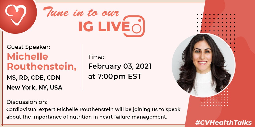 CardioVisualApp's tweet photo. CardioVisual Expert @MichelleTheRD will be joining us to speak about the importance of nutrition in heart failure management! Be sure to tune in on our IG Page (https://t.co/ZstQRclrpA) on February 3rd @ 7 PM EST! #CVHealthTalks #HeartMonth https://t.co/FcDrikj2oR