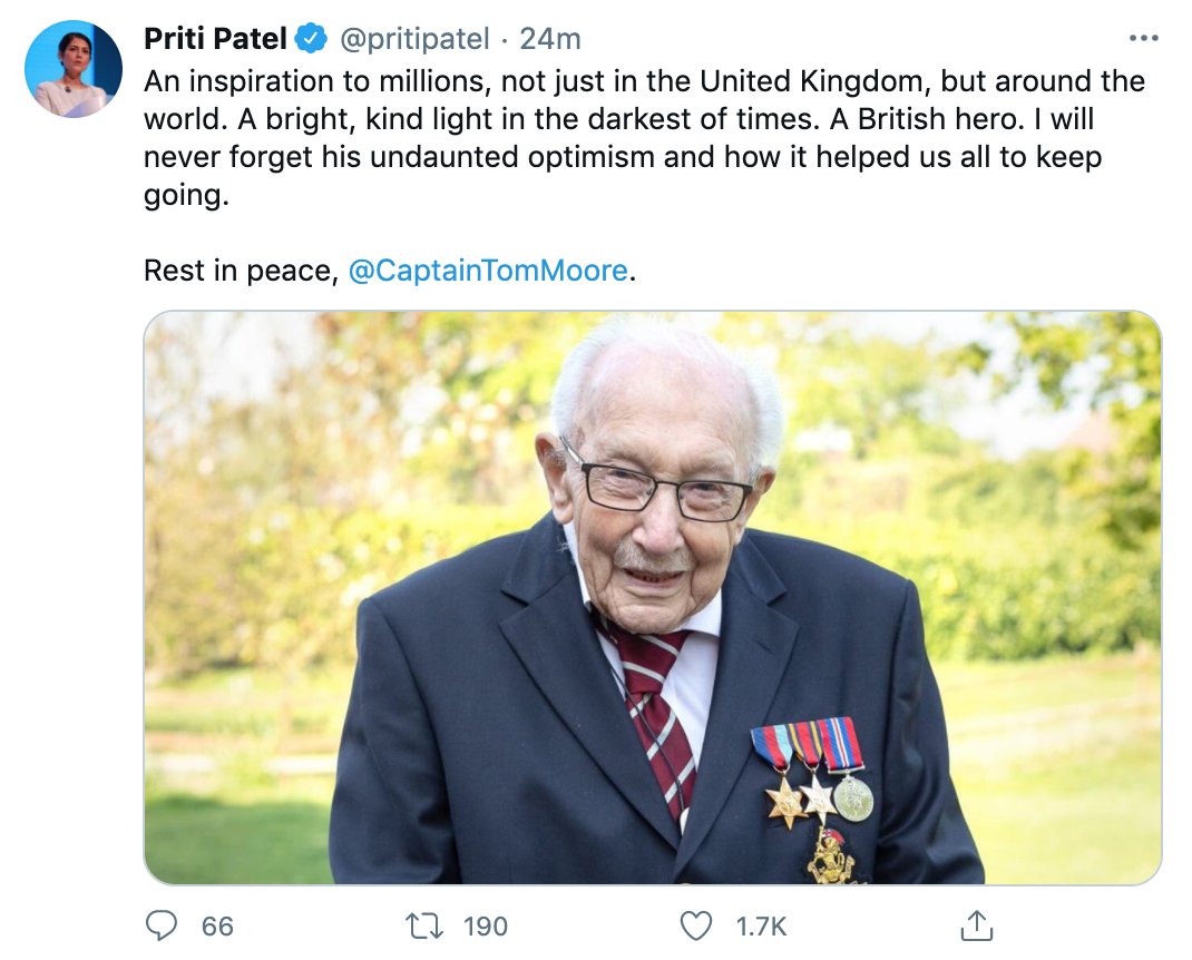 Home Secretary Priti Patel tweeted her condolences