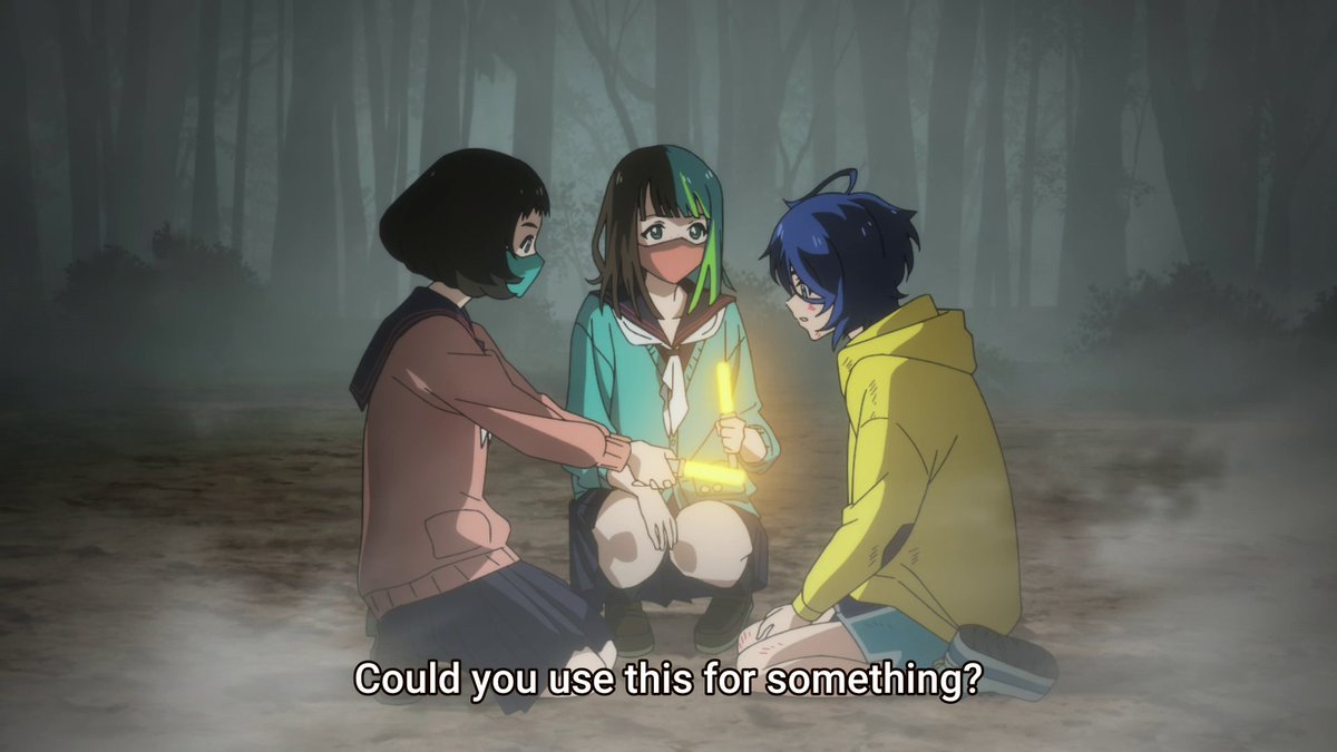 I'm remembering the ribbon from episode 2 and how that was used as a weapon, like a yellow light of happiness and hope fueled into an item that pertains to what the suicide victims were passionate about in life to eviscerate the evil demons. I'm glad this imagery makes a return.