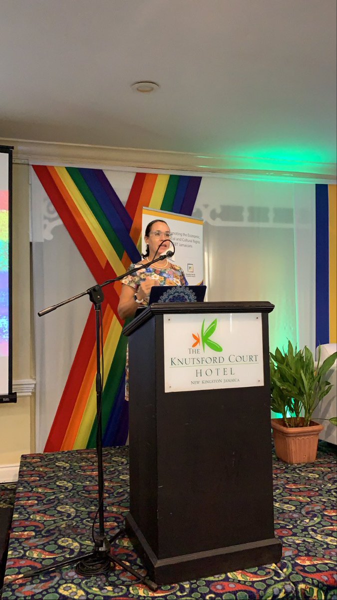EqualityJa's tweet photo. Presenting the keynote address, Dr. Diana Thorburn, Director of Research, CaPRI (@CapriCaribbean) says “stigma and discrimination against LGBT people in Jamaican doesn’t only hurt LGBT people, but it hurts us all as a society”. #EULaunch #JFLAG https://t.co/Z3zCP9wYhD