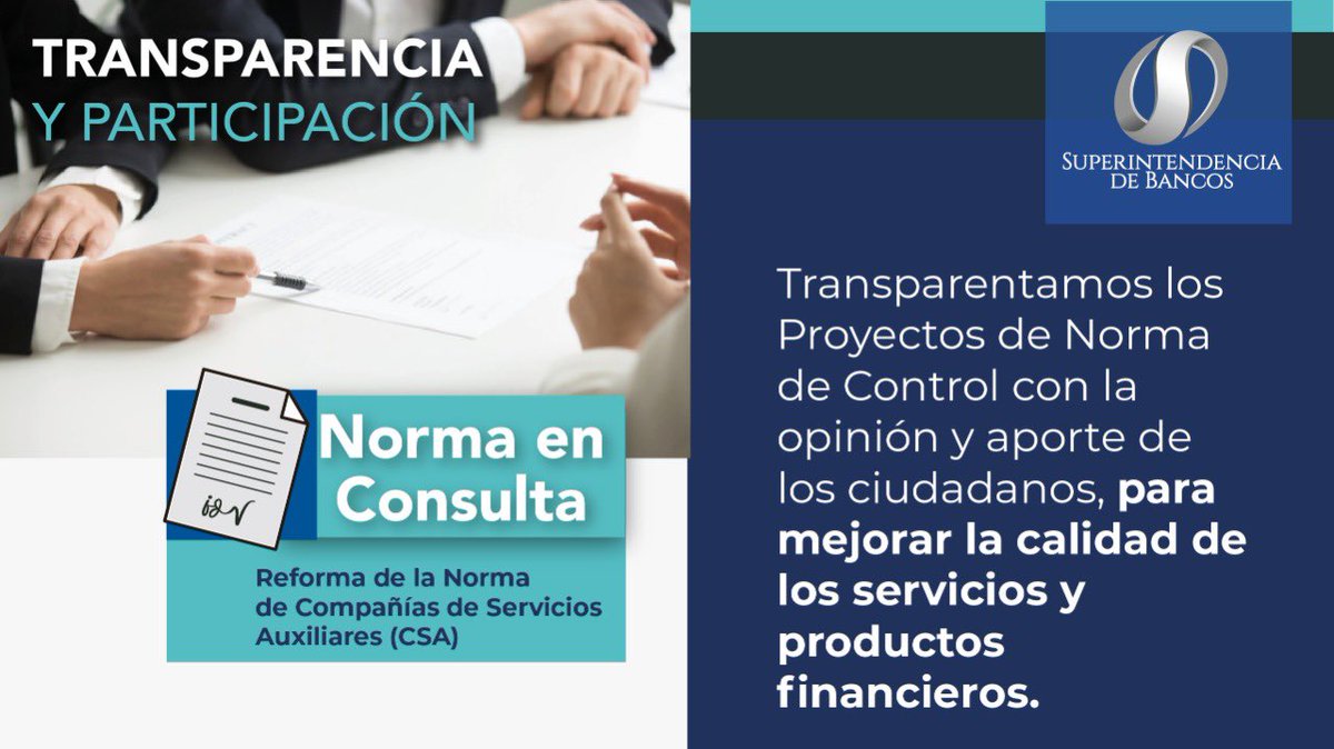 superbancosEC's tweet photo. 🔹 La #SuperBancosEC promueve la transparencia y los procesos de participación ciudadana 👩‍🦰👱‍♂️.

💬 Tu opinión nos permite enriquecer la Propuesta de Reforma de la Norma de Compañías de servicios Auxiliares.

👉 https://t.co/PuwFbJ0RBj https://t.co/2GEgpOByt1