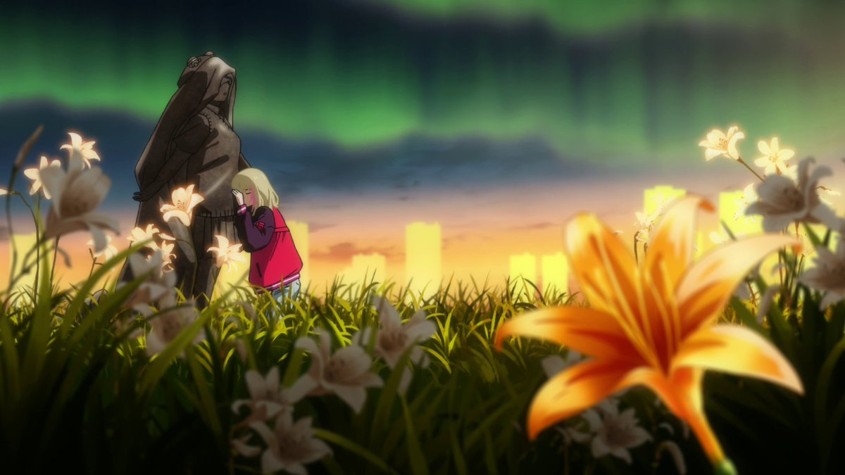 Rika really does care for Chiemi. I really like the orange lily in the foreground. The flower represents pride and confidence, something she tries to push to the forefront in comparison to the rest of the characters. This also shows her confidence in restoring Chiemi.