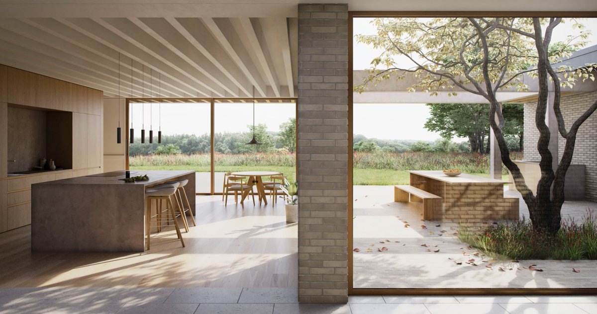 White Hill House, a project by <a href="/johnpardey_jpa/">John Pardey Architects</a> sits along a ridge within the surrey hills, commanding wonderful south-facing views. The property boasts plenty of natural light from the floor to ceiling windows, casting architectural and natural patterns across theOak flooring.