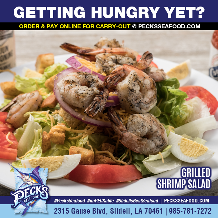 MICHELLE’S SHRIMP SALAD - Choice of grilled, fried or boiled shrimp, romaine lettuce, tomato, egg wedges, cheddar cheese, onion, croutons &amp; choice of dressing. (ORDER NOW >> 1l.ink/3PTPKQT) #PecksSeafood #imPECKable #SlidellsBestSeafood #NomNom #InstaFood