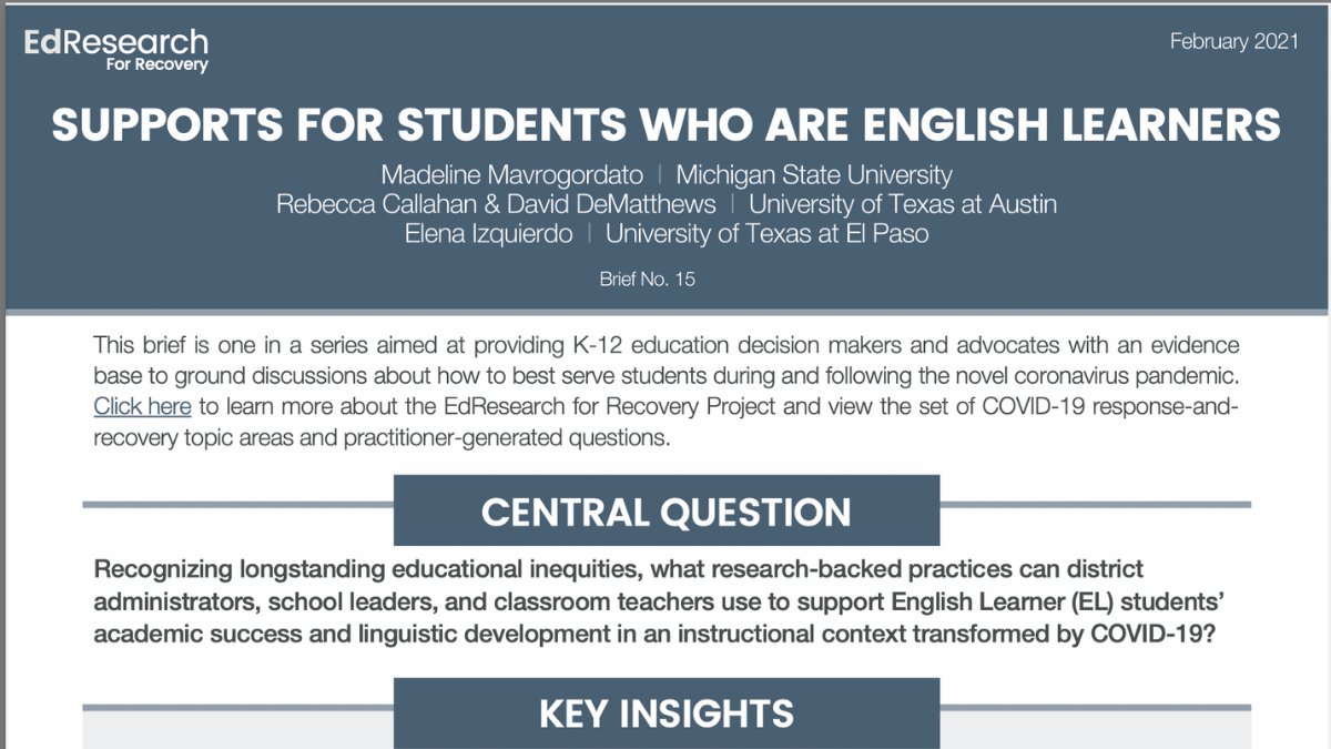 JUST RELEASED!📰📰📰

#EdResearch4Recovery brief by <a href="/MaddyMavro/">Maddy Mavrogordato</a>, @RebCallahan, <a href="/DrDeMatt/">David DeMatthews</a>, and <a href="/ElenaIzquierdo3/">Elena Izquierdo</a> discusses how we can best support students who are English Learners (#ELS) 

Full brief ➡️ bit.ly/EdResearch15