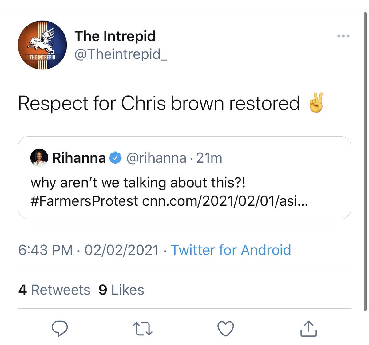 isaifpatel's tweet photo. Chris Brown was charged with assault on Rihanna. Now that Rihanna has raised her voice for the protesting farmers, sanghis are taunting her with Chris Brown references and they’ve turned Chris Brown stans.
Sanghis are the worst scums ever known to mankind.

Solidarity, @rihanna. https://t.co/NtSic6hAlX