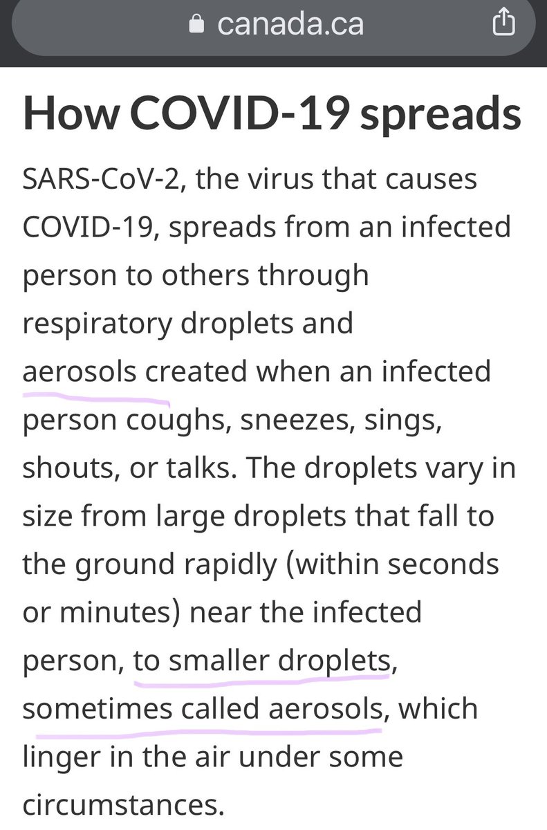 7/ Since September,  @GovCanHealth has accepted that the virus is predominantly spread by aerosols, tiny microscopic droplets.  https://www.canada.ca/en/public-health/services/diseases/2019-novel-coronavirus-infection/health-professionals/main-modes-transmission.html