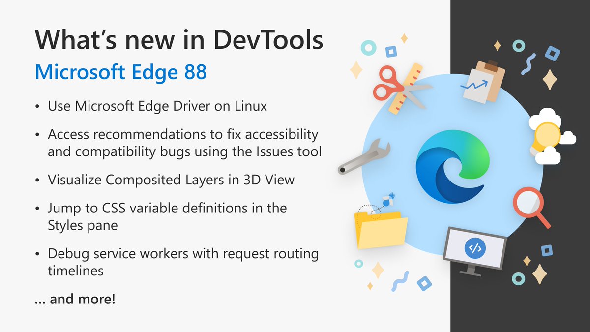 EdgeDevTools's tweet image. Stuck on CSS? Puzzled by your PWA? From A to Z-index, Edge DevTools has you covered. Check out the web debugging features landing for Microsoft Edge 88.

Docs available at docs.microsoft.com/microsoft-edge…