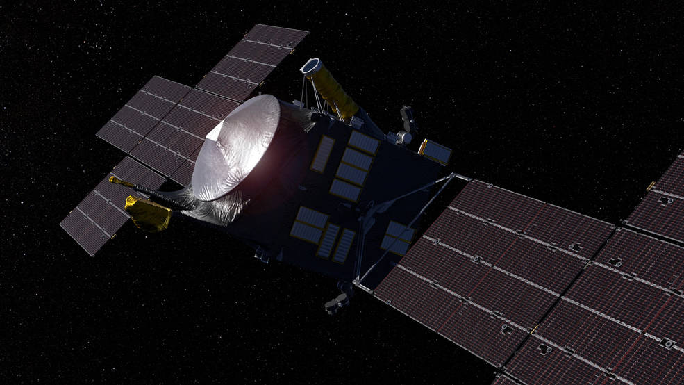 illustration showing the spacecraft with extended solar panels in space