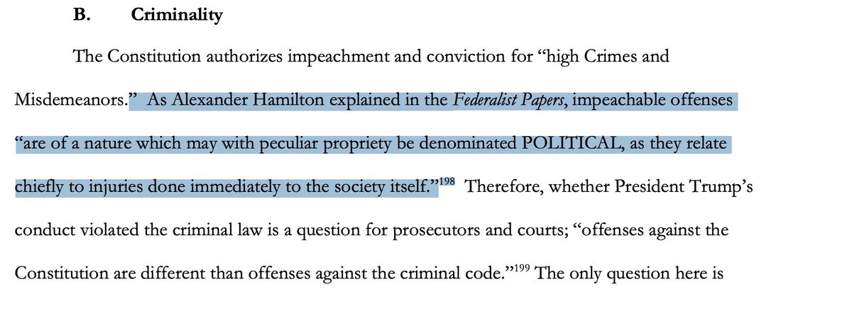 Next they emphasize that this isn't a criminal trial. (Aside: It makes no sense for "High Crimes and Misdemeanors" to refer the federal criminal code which didn't exist when the Constitution was written)10/