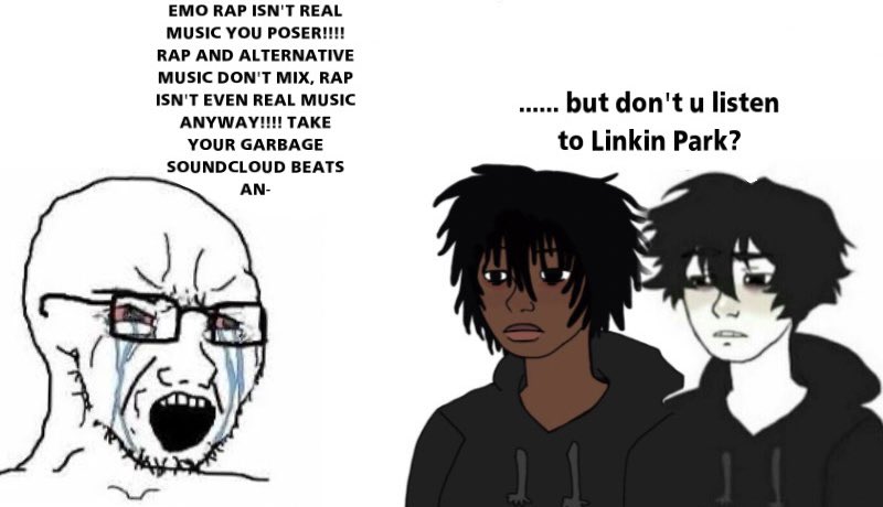 "But rap isn't alternative!!1"Okay, explain Linkin Park, Limp Bizkit, Falling in Reverse, Atilla, Hollywood Undead. You only like black innovated music when it "sounds" white, I'd argue lil peep is only discredited because he heavily borrows influence from black artists.