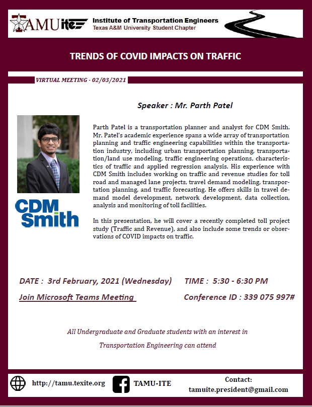 TAMUite (@itetamu) on Twitter photo Greetings, Everyone!! Join us for a general meeting on Feb 3rd at 5:30 pm with Mr. Parth Patel from CDM Smith. The topic is about Trends of COVID impacts on traffic. JOIN BY Microsoft Team Meeting:
teams.microsoft.com/dl/launcher/la…
Conference ID: 339 075 997#
<a href="/TAMUCVEN/">TAMU Civil & Environmental Engineering</a>
<a href="/TAMUEngineering/">TAMU Engineering</a> Greetings, Everyone!! Join us for a general meeting on Feb 3rd at 5:30 pm with Mr. Parth Patel from CDM Smith. The topic is about Trends of COVID impacts on traffic. JOIN BY Microsoft Team Meeting:
teams.microsoft.com/dl/launcher/la…
Conference ID: 339 075 997#
<a href="/TAMUCVEN/">TAMU Civil & Environmental Engineering</a>
<a href="/TAMUEngineering/">TAMU Engineering</a>