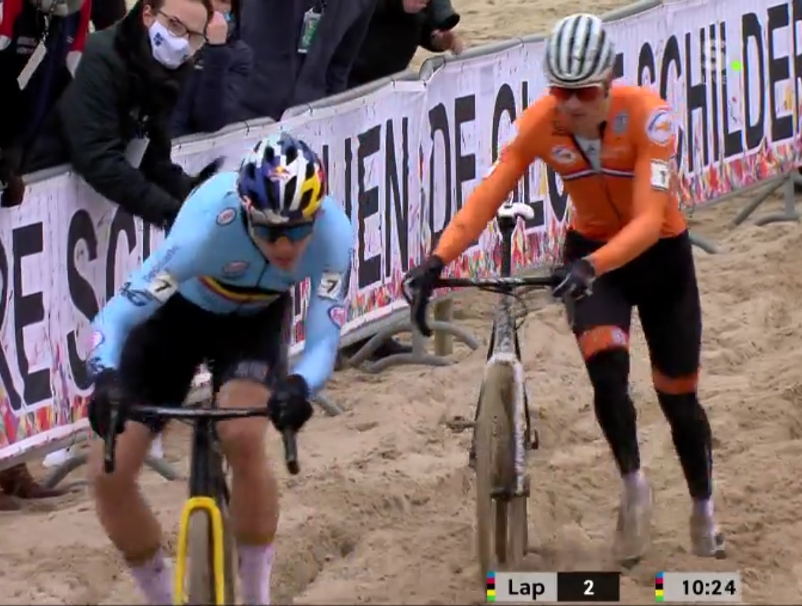 Lap 2. MVDP and WVA are still together on the boulevard. In the second beach section MVDP has to dismount in the sand for the only time in the race (52.9). WVA takes a gap and rides his best bridge time of the race (21.1). MVDP also sets his fastest bridge time (20.9).