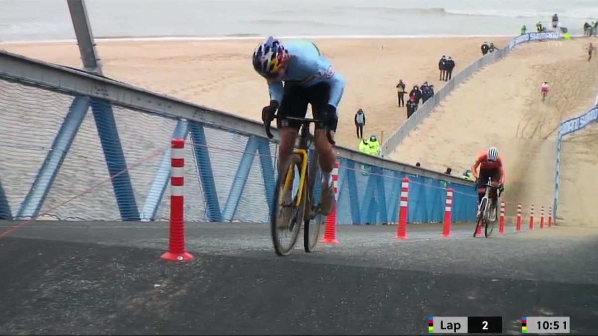 Lap 2. MVDP and WVA are still together on the boulevard. In the second beach section MVDP has to dismount in the sand for the only time in the race (52.9). WVA takes a gap and rides his best bridge time of the race (21.1). MVDP also sets his fastest bridge time (20.9).