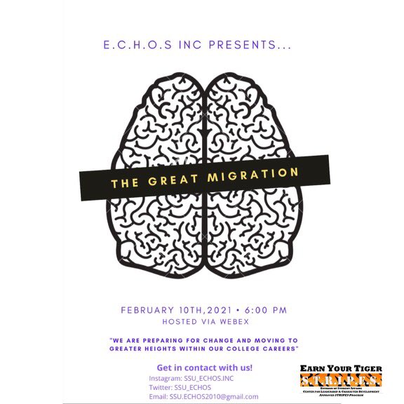 SSU_ECHOS's tweet image. It is time again for our annual “The Great Migration” event! We will be discussing how to be a successful individual both within and after college life and how to activate into your career mindset so you don’t want to miss this! 💜💛 #ssu #ssu21 #ssu22 #ssu23 #ssu24