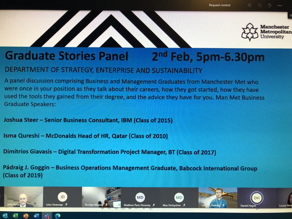 Excited to welcome our students &amp; speakers to our annual <a href="/ManMetSES/">Dept. of Strategy, Enterprise & Sustainability</a> Graduates Stories Panel. A massive thank you to our Business Management <a href="/ManMetAlumni/">Manchester Metropolitan Alumni and Supporters</a> panel members for joining us &amp; sharing their stories/journeys. Also to programme leads John Byrne &amp; <a href="/JillGPMMU/">Jill-GP</a> for organising