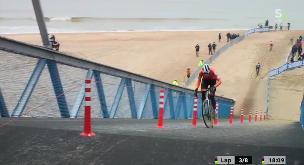 After his strong sand passage Van der Poel rides another fast time on the bridge (21.0), 2.7 seconds faster than Van Aert (23.7). In total MVDP reduces the gap on the beach and bridge in lap 3 with 5.28 seconds. But he is still 10 seconds behind.