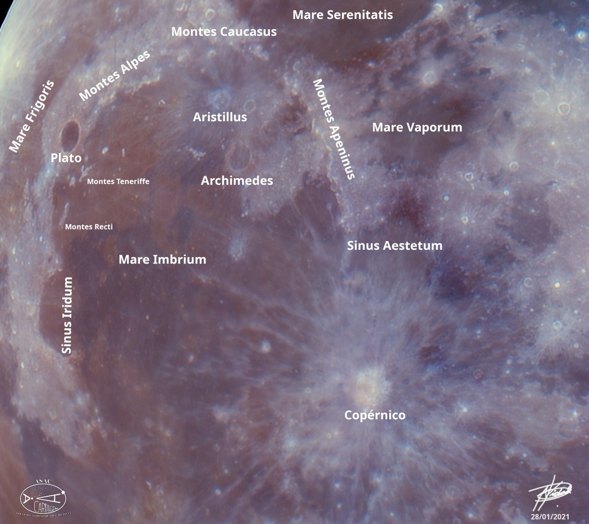 albertovidalp's tweet photo. La zona del Mare #Imbrium de la #Luna es probablemente mi favorita, con los impresionantes cráteres #Plato o #Copernico, las zonas montañosas #Alpes, #Caucasus, #Apeninus... Y si apretamos el color el espectáculo es aún mayor, con #Aristillus destacando  azulado  sobre el marrón https://t.co/fv4jBADB7C