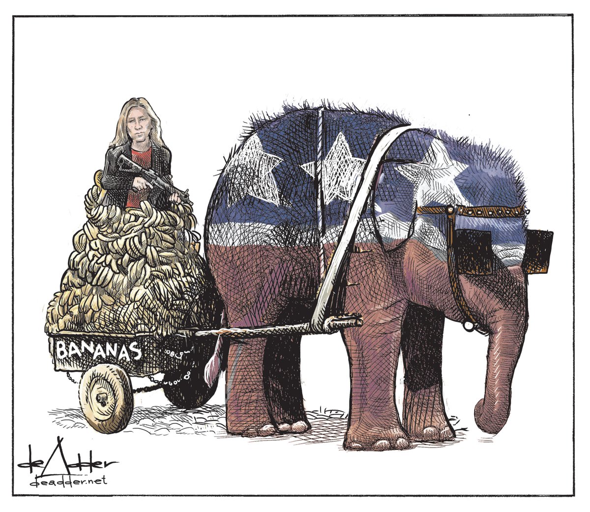 deAdder's tweet photo. Marjorie  Taylor Greene [edited.] In the original drawing I had a donkey pulling the cart. I wasn't thinking party affiliation when I drew it. Clearly it needed to be an elephant.  #MarjorieTaylorGreene #Republicans #MTGMUSTGO https://t.co/eHMgOUMVo2