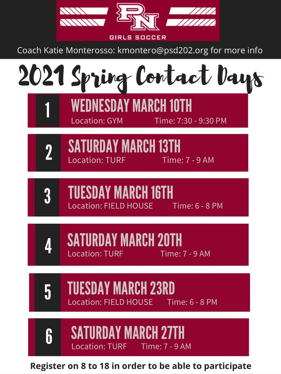 PNWomensSoccer's tweet photo. Dates times and locations for contact days in March. Please register on 8 to 18 in order to participate. See previous post for Google Form to fill out also if you plan on attending. #tigersoccer #pnhsgirlssoccer #contactdays #highschoolsoccer https://t.co/Uj1kHKbXr0
