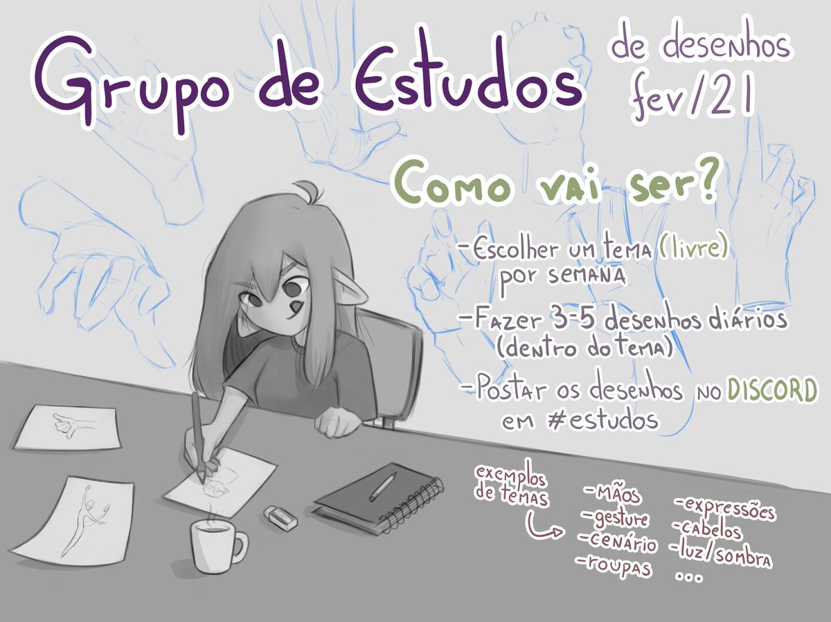 Rickepo on X: Bora estudar galera?? Grupo de estudos de desenho. A gente  vai fazer bastante desenho esse mês, escolham 1 tema por semana, 3-5  desenhos por dia e posta la no