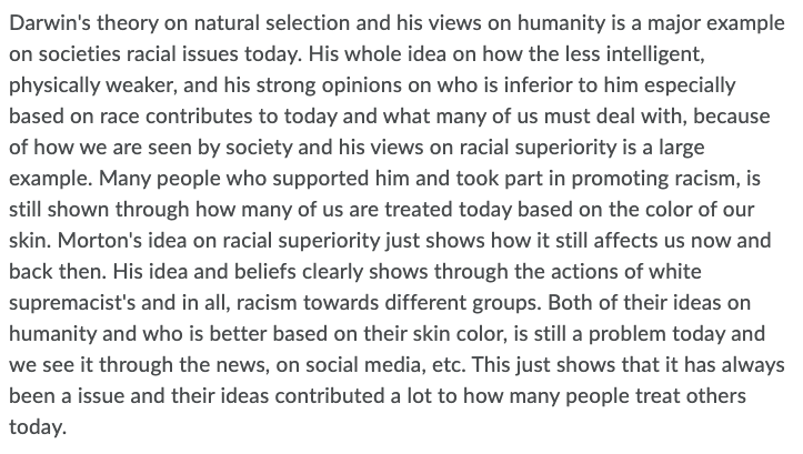 "People trying to prove white superiority through science was kinda surprising." After sharing initial thoughts, #SBI3U students engaged in thoughtful virtual discussions about scientific racism through critically investigating Darwin's theory of evolution. <a href="/d2l/">D2L</a> <a href="/CWJefferysCI/">C.W. Jefferys C.I.</a>