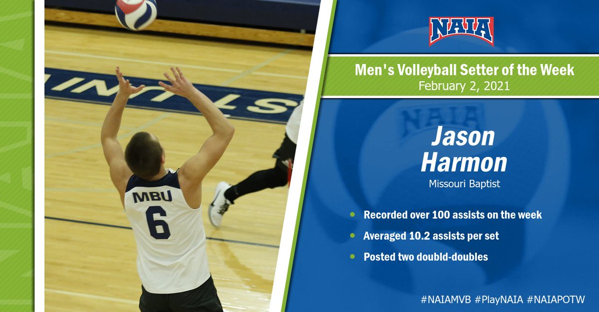 NAIA's tweet photo. M🏐
Jason Harman of @MBUAthletics is this week's setter of the week after recording over 100 assists on the week 

#PlayNAIA #collegevolleyball #NAIAMVB #NAIAPOTW https://t.co/CMiraCIhaE