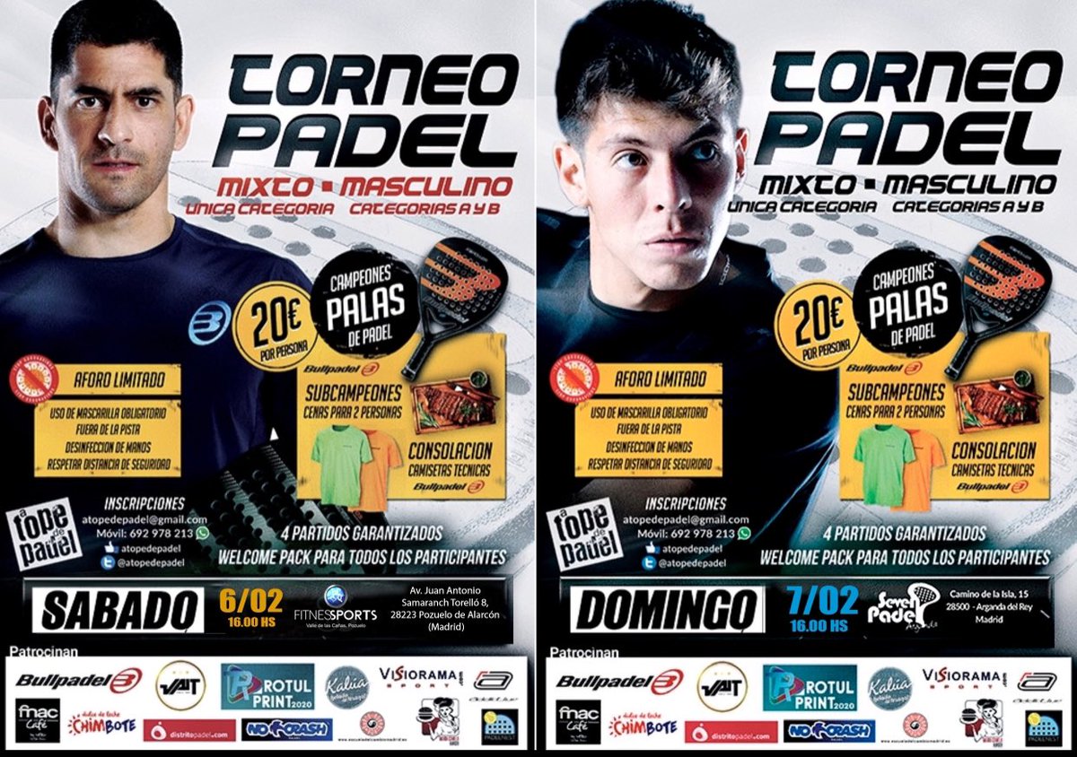 ATopeDePadel's tweet photo. 🎾 Sábado 6/2/21 16hs Torneo Masculino &amp; Mixto en las pistas cubiertas de Fitness Sports Valle de las Cañas (Pozuelo de Alarcón): https://t.co/242fMGaMA5
🎾 Domingo 7/2/21 16hs Torneo Masculino &amp; Mixto en @sevenpadel (Arganda del Rey) https://t.co/xXp1PKYOqK
✅ 692978213 ✅ https://t.co/HCeHW3PCWC
