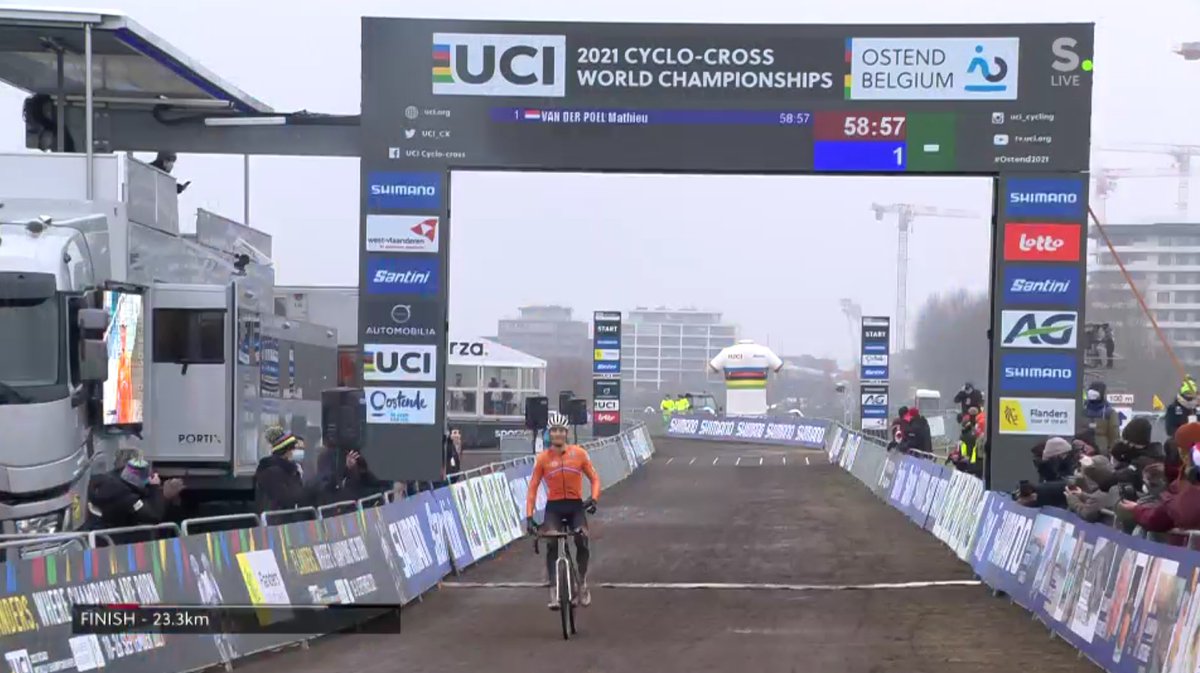 Lap 7. Lap 8. Finish. Summary: WVA was 5.4 sec faster than MVDP on the beach, on a total time of 17+ minutes. Van der Poel though was always faster on the bridge (up and down) after the beach, 16 sec in total. In total MVDP won 11 seconds in the beach-bridge section.