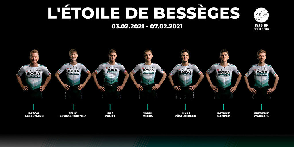 LINE-UP ANNOUNCEMENT: Let's kick off the new season! Introducing our team for the first race of this year: L'ÉTOILE DE BESSÈGES 💥✊ 🇩🇪Pascal Ackermann 🇩🇪Nils Politt 🇧🇪Jordi Meeus 🇦🇹Felix Großschartner 🇦🇹Lukas Pöstlberger 🇦🇹Patrick Gamper 🇩🇰Frederik Wandahl