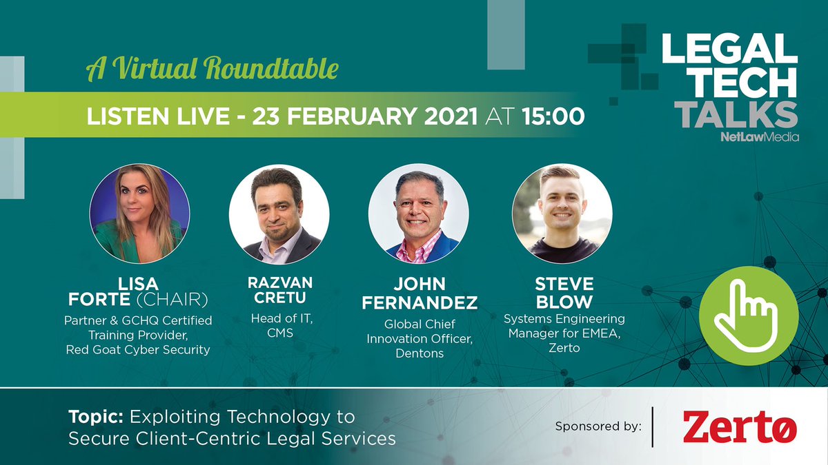 FLAnderson's tweet photo. Exciting #LegalTechTalks on 23/02 at 15:00, 'Exploiting Technology to Secure Client-Centric Legal Services'. Led by @LisaForteUK, the panel brings some insightful sector minds together from @CMS_law @Dentons, @Zerto,@ashurst. Join us; https://t.co/NtEmUH0c3s https://t.co/isPuUnzvf1