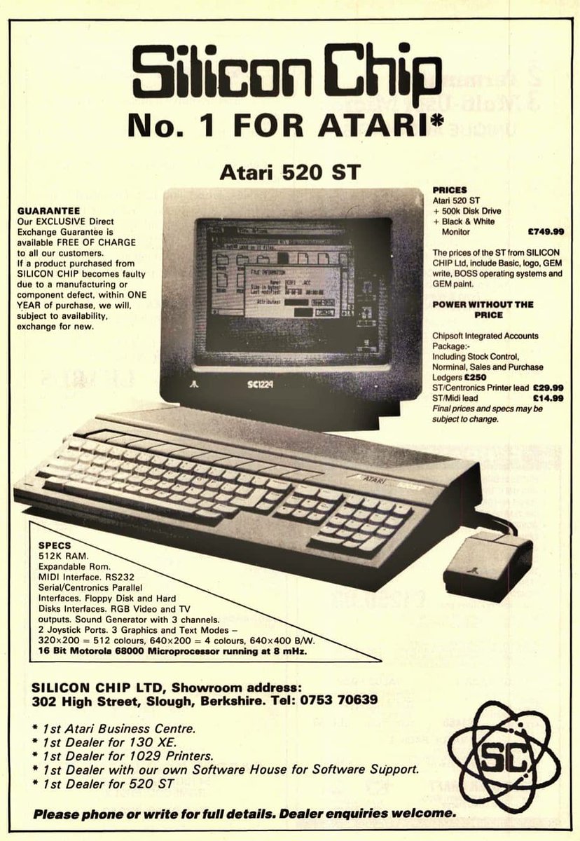 Retro70sChild's tweet photo. Silicon Chip Slough Advert October 85. £749.99 which would be approx £1588 in today's money.
.
#AtariST #Atari #atari520st #Retro70sChild #Retrogaming #retrocomputer  #vintagecomputer #personalcomputerworld #16bit #32bit

https://t.co/cEXHPdznHx https://t.co/E849w4o9Ru