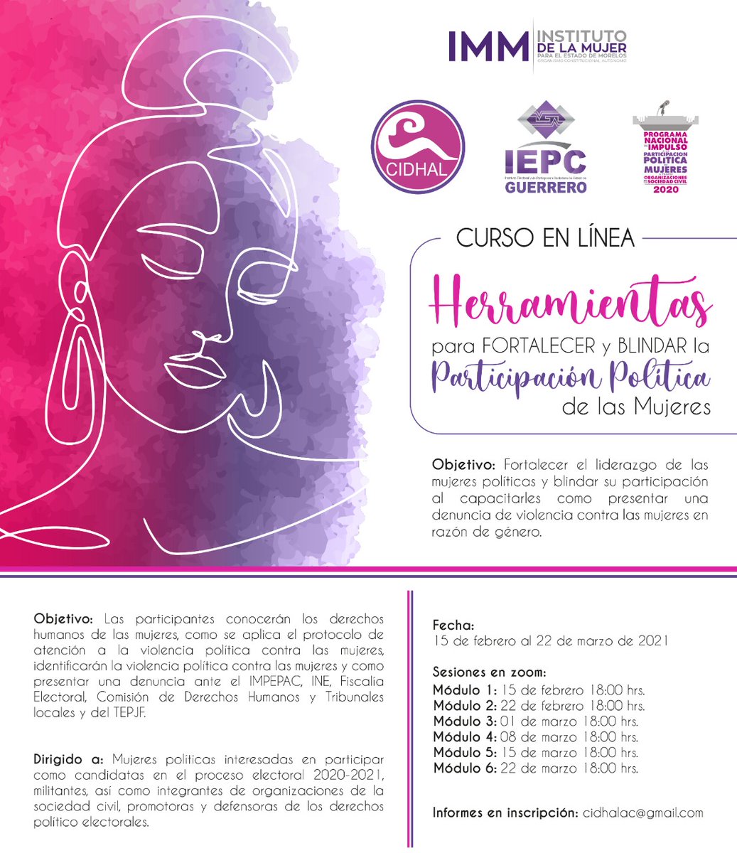 CIDHAL Organización (@cidhal) on Twitter photo el #15febrero inicia el #CursoVirtual Herramientas para fortalecer y blindar la #participaciónpolítica de las mujeres dirigido a mujeres que contenderán en el #ProcesoElectoralLocal2021 inscripciones cidhalac@gmail.com <a href="/INEMexico/"><a href="/INEMexico/">@INEMexico</a></a> <a href="/PNUD_Mexico/">PNUD México</a> <a href="/IMMORELOS/">IMMorelos</a> @INEMexico <a href="/IEPCGRO/">IEPCGRO</a> el #15febrero inicia el #CursoVirtual Herramientas para fortalecer y blindar la #participaciónpolítica de las mujeres dirigido a mujeres que contenderán en el #ProcesoElectoralLocal2021 inscripciones cidhalac@gmail.com <a href="/INEMexico/"><a href="/INEMexico/">@INEMexico</a></a> <a href="/PNUD_Mexico/">PNUD México</a> <a href="/IMMORELOS/">IMMorelos</a> @INEMexico <a href="/IEPCGRO/">IEPCGRO</a>