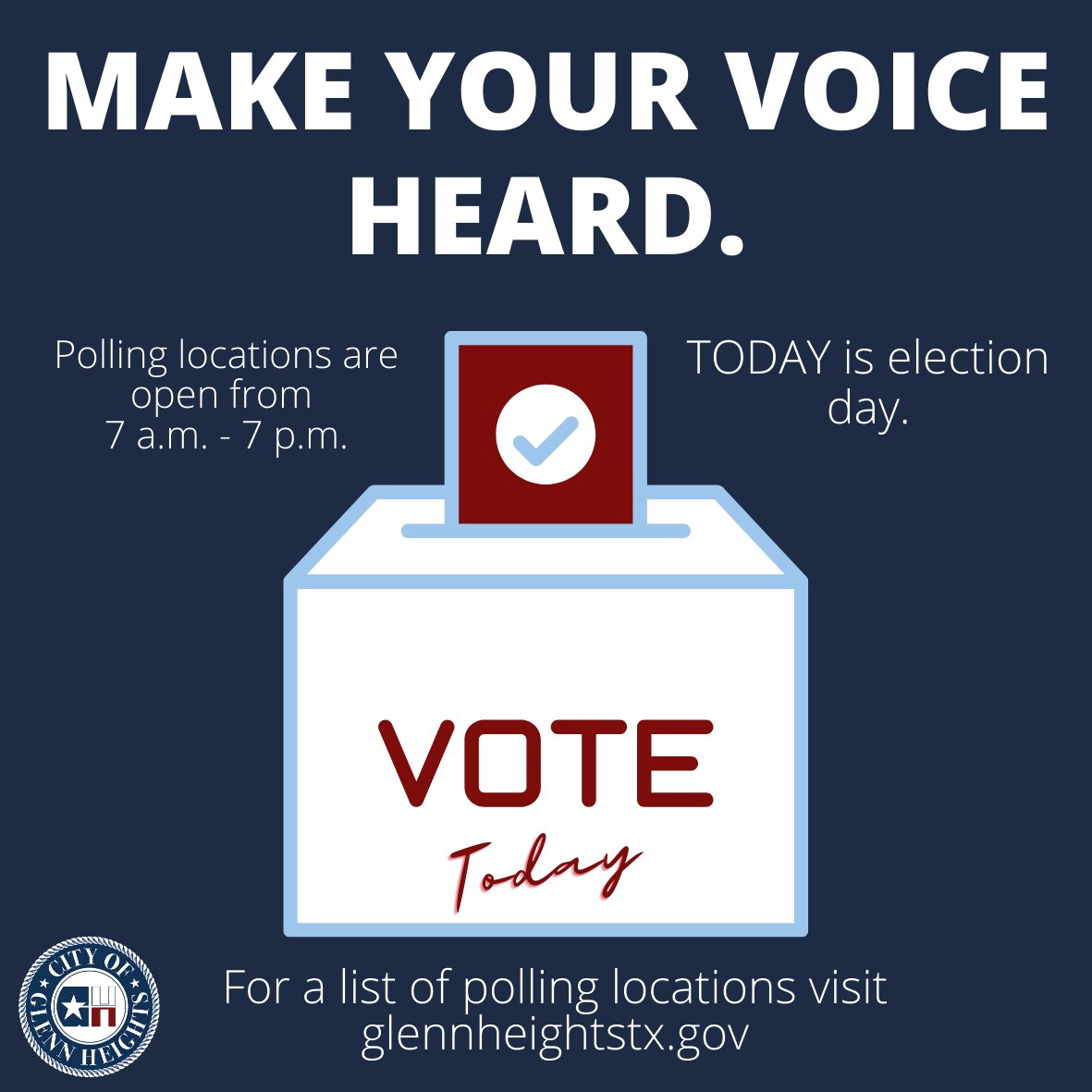 GlennHeightsTX's tweet image. Residents, neighbors and friends, today is Election Day.  Make your voice heard and vote!  Both Dallas and Ellis County polling locations are located at the Glenn Heights Senior Center  (1932 S. Hampton Rd., Glenn Heights 75154) and will be open until 7:00 p.m. #GHVotes