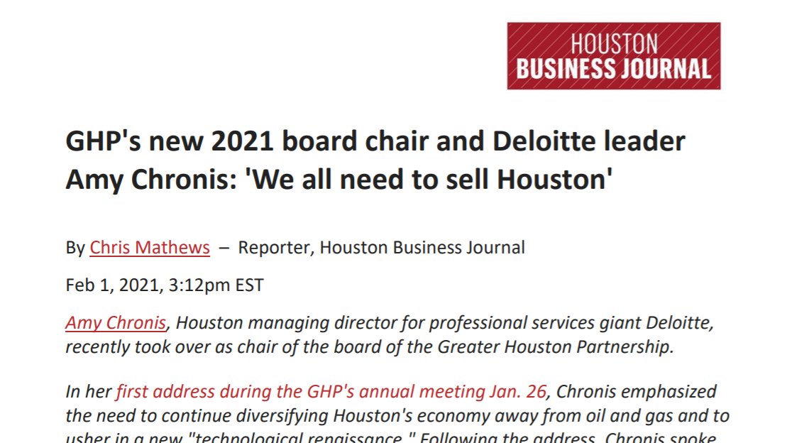 GHPartnership's tweet image. 2021 Partnership Chair, @amywchronis, Houston Managing Partner of Deliotte recently sat down with the Houston Business Journal to discuss Houston&apos;s growing #tech ecosystem and the importance of selling the region&apos;s strengths. #houstontech 
Read more: houston.org/sites/default/…