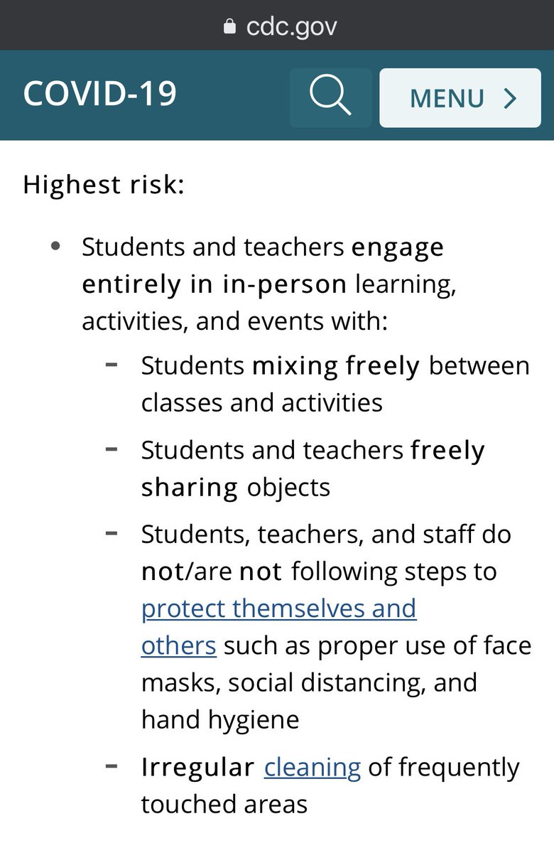 15/ The fact that the  @CDCofBC and the Ministry continue to put children &  #bced staff into what the CDC deems the highest risk scenario without proper precautions—masks in classes, improved ventilation, smaller class sizes, 2 m distancing is gross negligence.