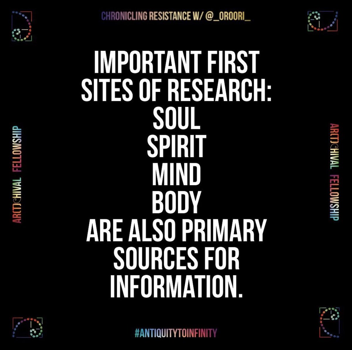 “You and I are

Both the researcher
and the archive.
Webs of innanets,
your conversations
meditations and memories too
are essential to the accuracy
of historical accounts.

You are better sources of information...”

Meet Fellow Charlyn Griffith-Oro.
loom.ly/guFO2-A