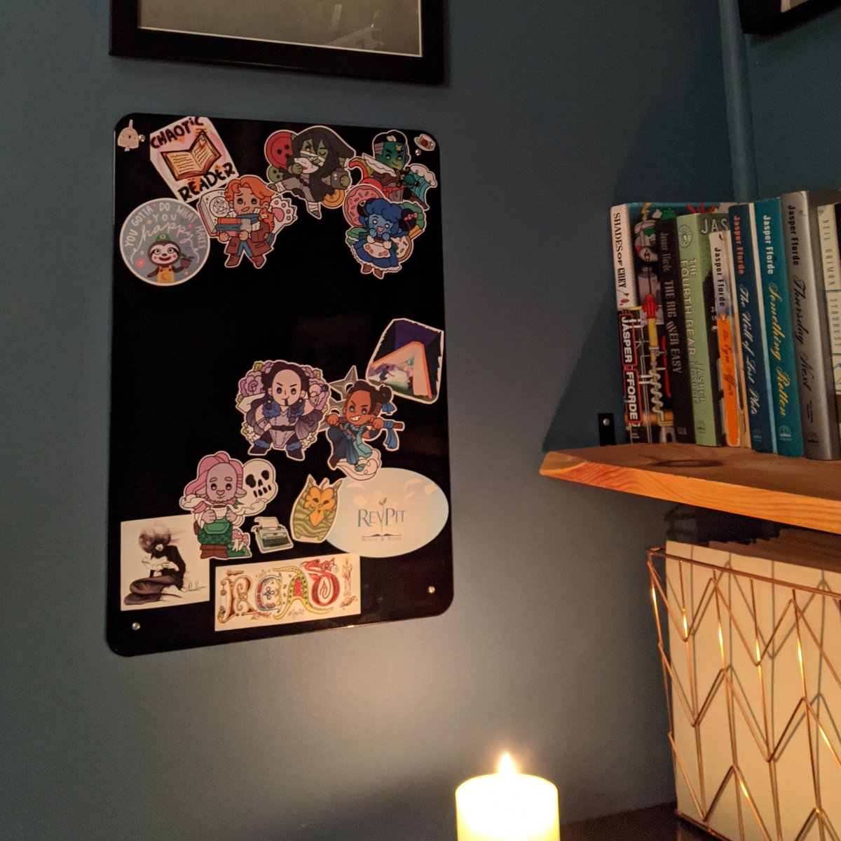 FromCarly's tweet image. I've got my sticker board up last night! Still a work in progress, but look how cool! 

It even has some of my #RevPit stickers! I'm really overly excited about a sticker board considering I'm in my 30s. But I have no shame. I LOVE it!

#booklight #writingcommunity