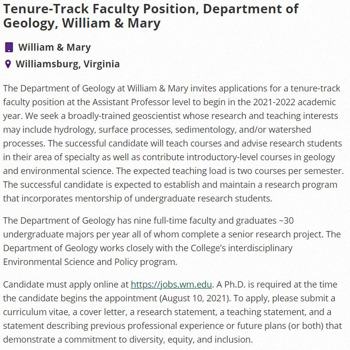 WMGeology's tweet image. Job alert! Assistant Prof, research/teaching in hydrology, surface processes, sedimentology, or watershed processes. jobs.wm.edu/postings/40498

@nonschistyjobs @AGU_ESP @Hydrology_AGU @geosociety @ESWNtweets @GeoLatinas @AWG_org @NABGSocial @GeoSpaceLatinx @BlkinGeoscience @sacnas