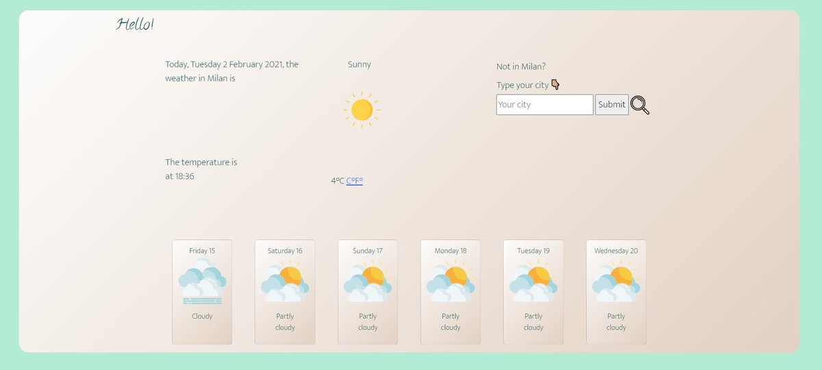 MathisCoding's tweet image. #100DaysOfCode : Day 26 ✅
I submitted my 4th homework for @shecodesio workshop 👩🎓
Added a date, a time and started to work on the search engine.
My weather app starts to look like a weather app! ☀️🌤⛈
#CodeNewbie #WomenWhoCode #javascript
