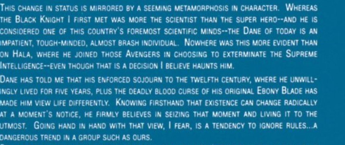 When Harras brought Dane back to the Avengers he began to acknowledge the weight of these experiences. I suspect this was about finding an excuse for the more quippy, dynamic personality that Harras wanted to write - but it began to establish trauma at the character's root