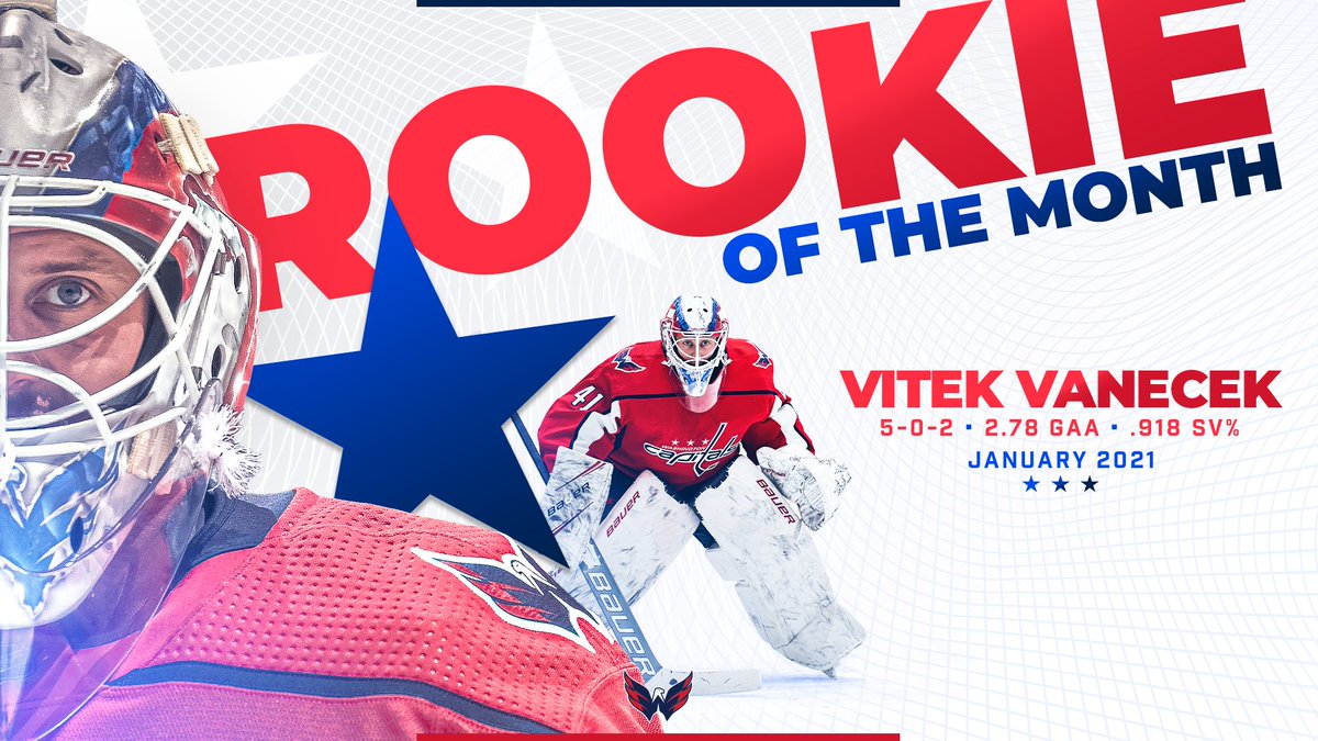 Capitals's tweet image. VV ‼️

Washington Capitals goalie Vitek Vanecek has been named the @NHL's "Rookie of the Month" for January 2021!

Vanecek went 5-0-2 with a 2.78 goals-against average and .918 save percentage in seven January appearances.

Full Details: WashCaps.com/VanecekROTM 

#ALLCAPS