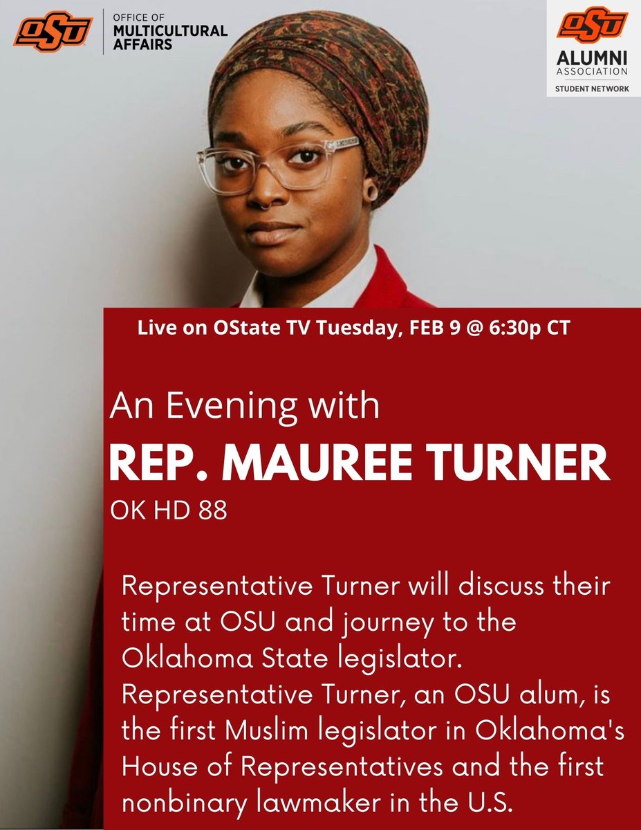 Tune in next Tuesday <a href="/6/">Adrián Lamo</a>:30pm to hear from representative Mauree Turner as she discusses her experiences as a lawmaker and person of color! 

The presentation will be livestreamed on OStateTV on February 9th #okstate 
Register here: ow.ly/DsMU50DnUOL