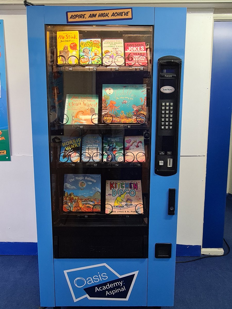 OasisAspinal's tweet photo. We have a book vending machine! Thanks to Mum's on a Mission for a very generous donation, we now have our own vending machine for books. The children that have been in school today were very excited at it's arrival! We can't wait for children to earn tokens and win books! https://t.co/GydX8oQoTO