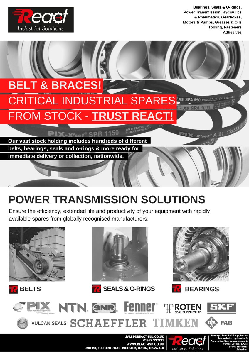 ReactIndustrial's tweet image. Belt &amp;amp; Braces ✅

📞 01869 327123
📧 sales@react-ind.co.uk

#Engineering #Maintenance #Industrial #FoodProduction #Pharma #PowerTransmission #Gearboxes #Bearings #Motors #Pumps #Fasteners #VBelts #ReverseEngineering #InventoryManagement #UKManufacturing
