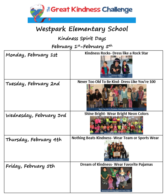 wes_elementary's tweet photo. Kindness Spirit Days here at Westpark this week. https://t.co/po1FsdVAW2