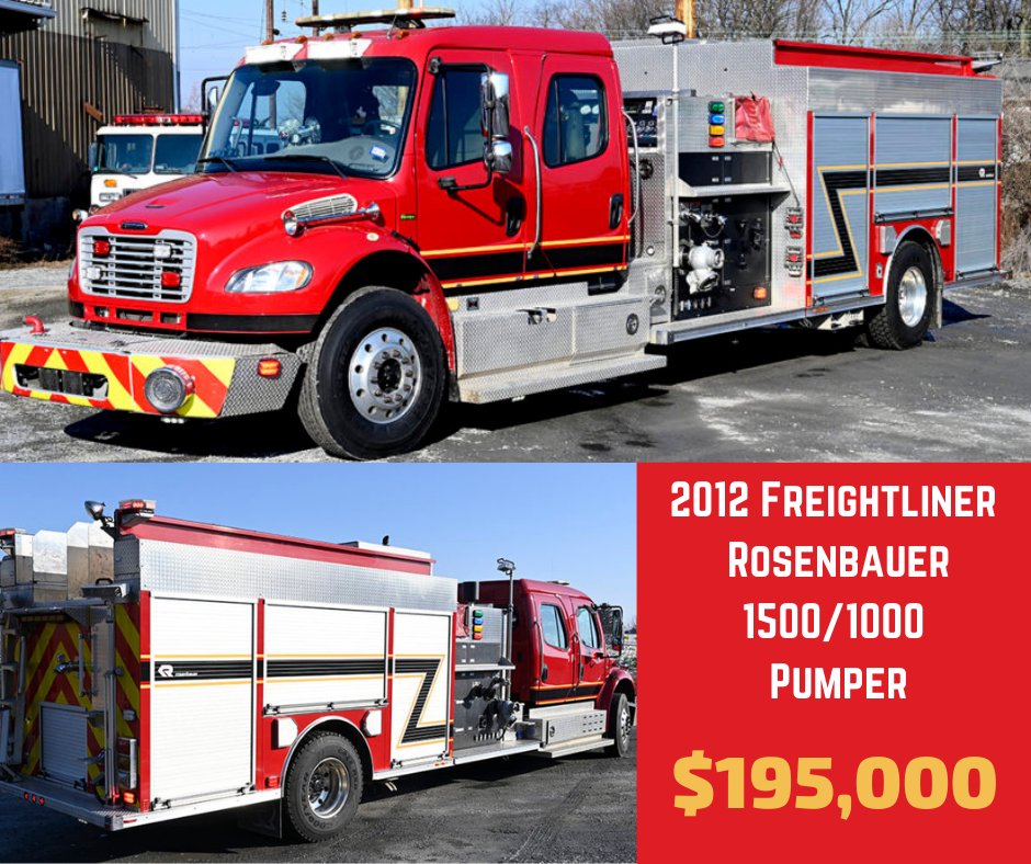 CommandFireApp's tweet photo. For sale NOW for $195,000! This 2012 Freightliner Rosenbauer 1500/1000 Pumper has under 29,000 miles and is in excellent condition. Contact Chief Glenn to learn more: https://t.co/i2eCn8X4Gp https://t.co/elM7BX3sC4