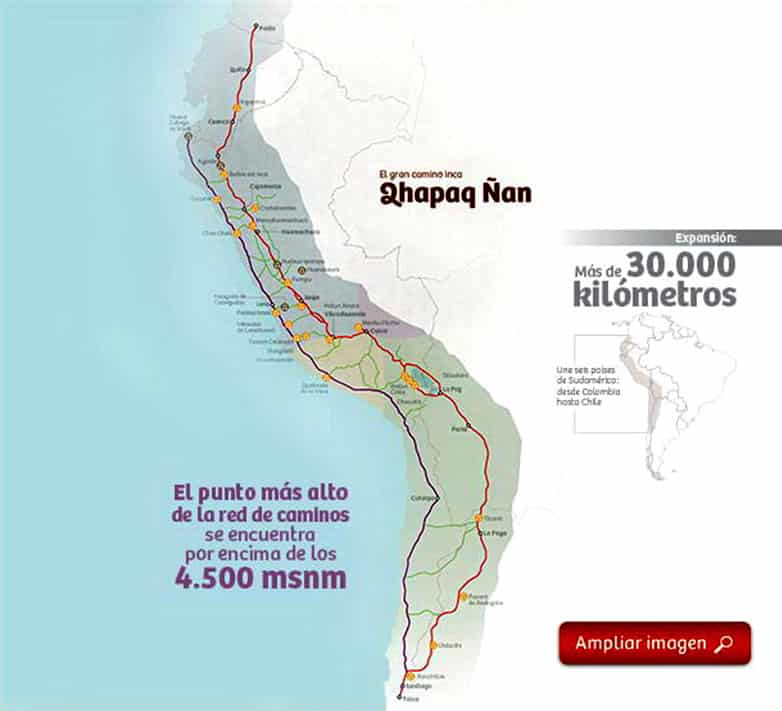QHAPAQ ÑAN o Red vial del Tahuantinsuyo, es el sistema de calzadas y caminos de la civilización inca que vinculaba entre sí diferentes lugares de la costa y estos con la cordillera, pasando por lo que hoy son Ecuador, Perú, Bolivia, Chile, Colombia y Argentina.

Más de 30.000 km.