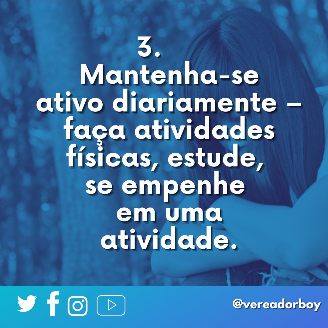 No meu instagram postei #10dicas em relação a saúde mental, nesse momento de #pandemia por conta do #covid19 pensar estrategicamente facilita diversos processos, inclusive o de sobrevivência.

#vereadorboy #diadema #diadema2021 #2021